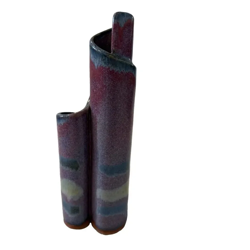 Vintage 1988 Bay Pottery Ribbon Vase 3-Chamber 7” Studio Art Purple Blue Glaze